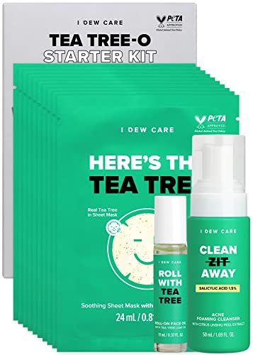 I Dew Care Acne Care Set - Tea Tree-O Starter Kit | Set of Acne Foaming Cleanser, Sheet Masks, and Roll-On Face Oil, with Salicylic Acid & Tea Tree Oil