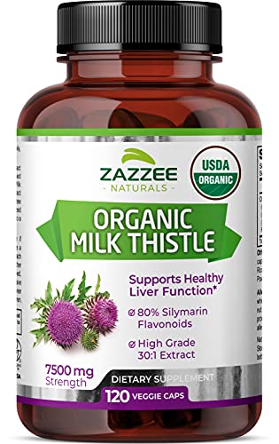 Zazzee USDA Organic Milk Thistle 30:1 Extract, 7500 mg Strength, 120 Vegan Capsules, 80% Silymarin Flavonoids, Standardized and Concentrated 30X Extract, 100% Vegetarian, All-Natural and Non-GMO