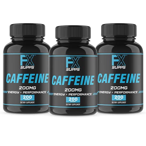 Fx Supps Caffeine 200 mg Pills (3-Pack, 200 Capsules) Fast Acting Energy Supplement for Men and Women | Improves Physical & Mental Focus, Stimulates Memory | Quick Energy Boost & Increases Metabolism