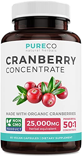 Organic Cranberry Pills - 50:1 Concentrate Equals 25,000mg of Fresh Cranberries (Vegan) for Urinary Tract Health & Kidney Cleanse - Cranberry Pills for Women - UTI Support Supplement - 60 Capsules