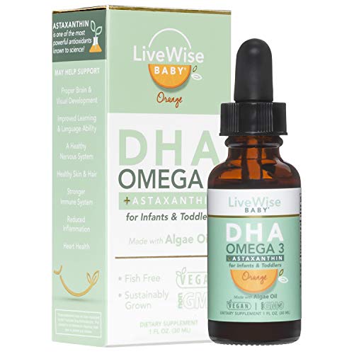 DHA Omega 3 Liquid Drops - Baby Vitamin DHA Omega 3 for Infants Plus Astaxanthin - Vegan Friendly, Great Tasting - Omega 3 Supplement w/Organic Orange Oil Develops Healthy Brain, Eyes, Immune System