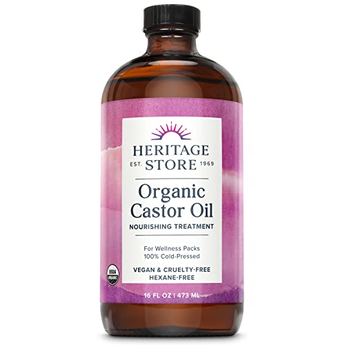 Heritage Store Organic Castor Oil, Nourishing Hair Treatment, Deep Hydration for Healthy Hair Care, Skin Care, Eyelashes & Brows, Castor Oil Packs, Cold Pressed, Hexane Free, Vegan, Cruelty Free, 16oz