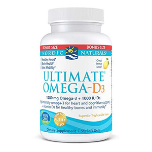 Nordic Naturals Ultimate Omega-D3, Lemon Flavor - 1280 mg Omega-3 + 1000 IU Vitamin D3-90 Soft Gels - Omega-3 Fish Oil - EPA & DHA - Promotes Brain, Heart, Joint, Immune Health - 45 Servings