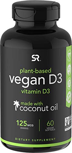Vegan Vitamin D3 (5000iu/125mcg) Enhanced with Organic Virgin Coconut Oil ~ Bone, Joint and Immune System Support ~ Vegan Certified, Non-GMO & Gluten Free (60 Veggie-Softgels)