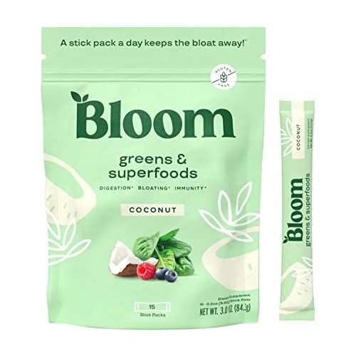 Bloom Nutrition Super Greens Powder Smoothie Mix, 15 Stick Packs - Probiotics for Digestive Health & Bloating Relief for Women, Digestive Enzymes with Organic Superfoods for Gut Health (Coconut) 