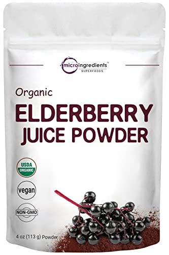 Micro Ingredients Organic European Black Elderberry Juice Powder, 4 Ounce, Cold Pressed, Flash Pasteurized for Safety, Supports Immune System, Energy and Vascular Health, No GMOs, Vegan Friendly