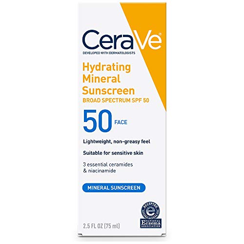 CeraVe 100% Mineral Sunscreen SPF 50 | Face Sunscreen with Zinc Oxide & Titanium Dioxide for Sensitive Skin | 2.5 oz, 1 Pack (Packaging May Vary)