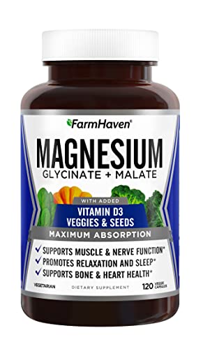 FarmHaven Magnesium Glycinate & Malate Complex w/Vitamin D3, 100% Chelated for Max Absorption, Vegan – Bone Health, Nerves, Muscles, 120 Capsules, 60 Days