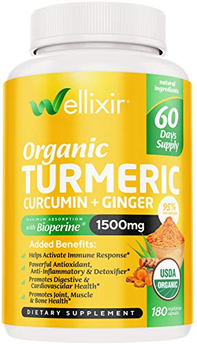 Wellixir Organic Turmeric Supplement – Curcumin with Bioperine Capsules with Ginger Root Extract, Curcumin and Turmeric for Joint Health – 95% Curcuminoids Formula