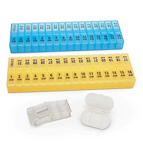 31-Day Color Coded AM/PM Pill Organizer and Vitamin Box Case with Free Pill Splitter & Travel Pill Box (31 Day)