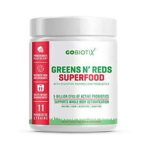 GoBiotix Super Greens N' Super Reds Powder - Vegan Red + Green Superfood + Probiotics, Enzymes, Organic Whole Foods - Fruit and Veggie Dietary Nutrition Supplement, Pomegranate Raspberry, 30 Servings