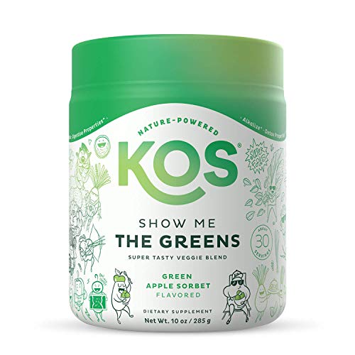 KOS Super Greens Powder - Spirulina, Chlorella, Wheatgrass Powder - Digestive Enzymes, Probiotics, Immune Support - Refreshing Green Apple Sorbet Flavor, 30 Servings