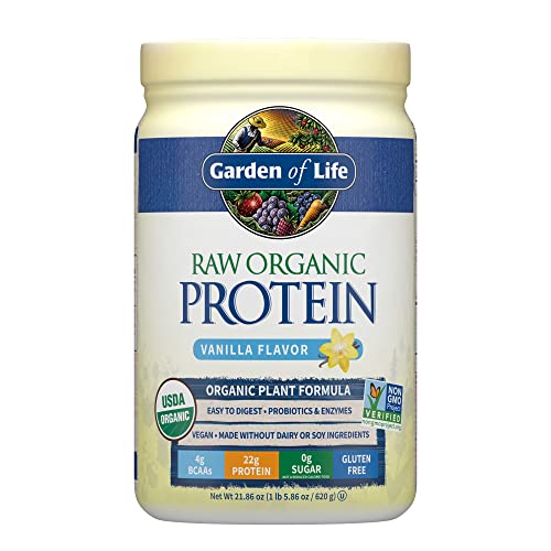 Garden of Life Raw Organic Protein Vanilla Powder, 20 Servings: Certified Vegan, Gluten Free, Organic, Non-GMO, Plant Based Sugar Free Protein Shake with Probiotics & Enzymes, 4g BCAAs, 22g Protein