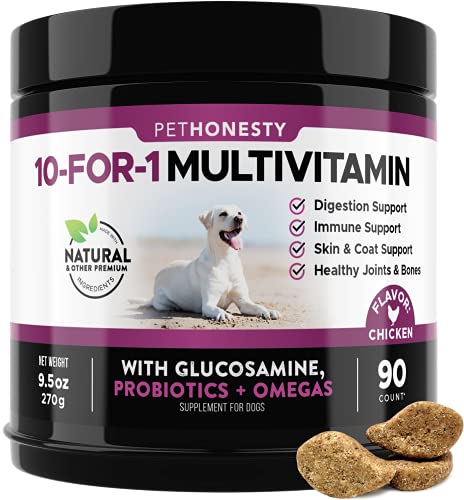 PetHonesty 10 in 1 Dog Multivitamin - Glucosamine Essential Dog Supplements & Vitamins - Glucosamine Chondroitin, Probiotics, Omega Fish Oil - Dogs Health & Heart- Dog Health Supplies (Chicken)
