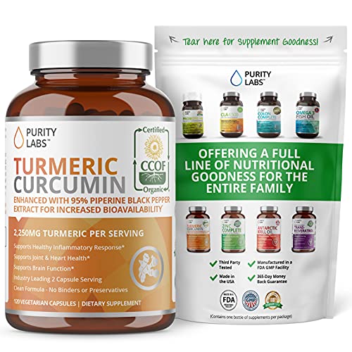 Organic Turmeric Curcumin 2,250MG. Highest Quality and Potency Available - 95% Standardized Curcuminoids and Black Pepper Bioperine for increased bioavailability - For Joint Mobility & Inflammation