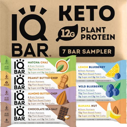 IQBAR Brain and Body Keto Protein Bars - 7 Sampler Keto Energy Bars - Low Carb, High Fiber, Low Sugar Meal Replacement Bars - Vegan Snacks