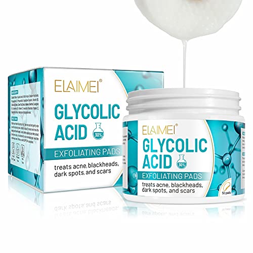 30% Glycolic Acid Pads Wipes for Skin Care Exfoliating Cleansing, Face Pore Cleaner Minimizer Acne Treatment, Chemical Peel Solution for Dark Spots, Breakouts, Scars, Reduce Wrinkle Fine Lines,50 Pads