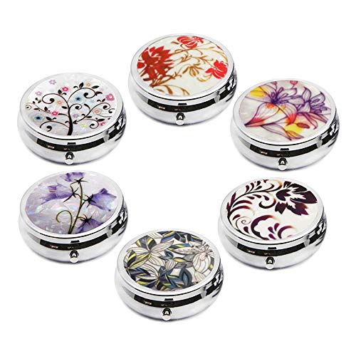 6Pcs Elegant Pill Box Case, Creatiee-Pro Portable Medicine Tablet Vitamin Holder Organizer with 3 Component for Purse Pocket Travel Gift - Practical & Fashionable(6 Patterns, 1.6 Inches)