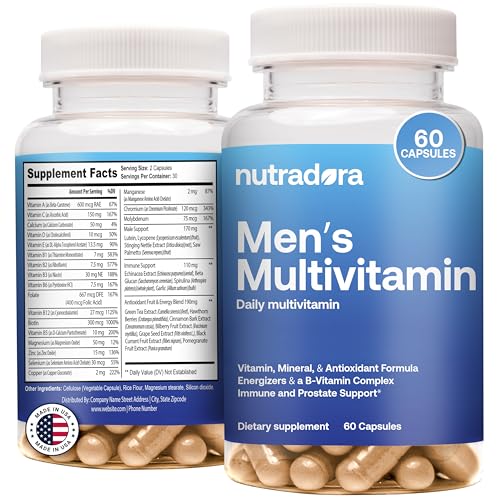 Nutradora Multivitamin for Men - Daily Men's Multivitamins & Multiminerals Supplement for Energy, Focus and Performance with Vitamins A, C, D, E & B12, Zinc, Calcium, Magnesium & More, 30 Days Supply