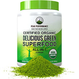Peak Performance Organic Greens Superfood Powder. Best Tasting Organic Green Juice Vegan Super Food with 25+ All Natural Ingredients for Max Energy and Detox. Spirulina, Spinach, Kale, Probiotics