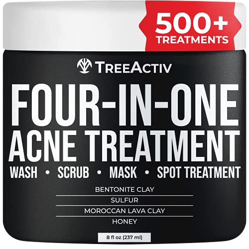 Four-in-One Acne Treatment, Exfoliating Sulfur Acne Face Wash, Bentonite Clay Face Mask & Acne Spot Treatment, Pore Clarifying Facial Scrub for Adult, Teens, Women, & Men, 500+ Treatments by TreeActiv