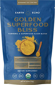 Earth Echo: Golden Superfood Bliss - Organic Turmeric, Ashwagandha and Ginger Powder Mix for Stress Relief, Immune Support, and Restful Sleep - 30 Servings - 12 Nourishing Ingredients Per Scoop