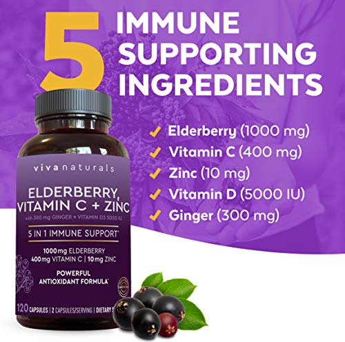 Elderberry, Vitamin C, Zinc, Vitamin D 5000 IU & Ginger Immune Support Supplement, 2 Month Supply (120 Capsules) - 5 in 1 Daily Immune Support for Adults