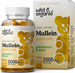 Wild & Organic Mullein Gummies - Daily Dietary Supplement for Respiratory, Digestive Support & Immune Booster - Vegan, Non-GMO Verbascum Thapsus Herbal Extract - 2000mg, 60 Chews