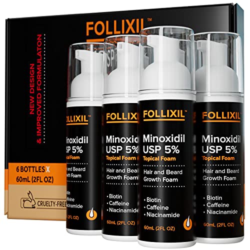 5% Minoxidil for Men and Women Foam - NO PG 6 Months - Hair Growth Topical for Scalp and Beard with Biotin, Caffeine and Niacinamide - Hair Regrowth Treatment For Stronger, Thicker Longer Hair