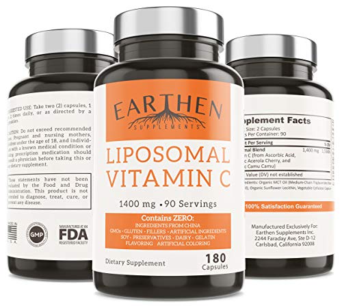 Liposomal Vitamin C | Made with Organic Ingredients | 1400MG Per Serving | 180 Capsule - 90 Serving | China Free | Non GMO | Fat Soluble - High Absorption Antioxidant | Immune System Support