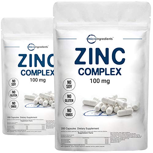 2 Pack Micro Ingredients Zinc Complex Capsules, 4 in 1 Elemental Zinc with Vitamin C, 100mg Per Serving, 200 Capsules, Strong Immune System Booster, Best Zinc Supplements for Men and Zinc for Women