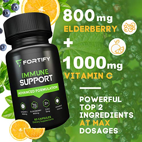 Immune System Booster Antioxidant Supplement, Elderberry Capsule, with Vitamin C, Vitamin D, Zinc, Supports Natural Energy, Memory, and Stress Relief - 60 Capsules