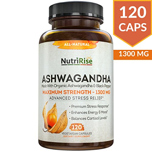 NutriRise  Ashwagandha 1300mg Made with Organic Ashwagandha, Black Pepper Extract - 120 Capsules
