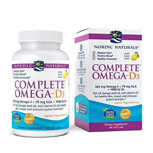 Nordic Naturals Complete Omega-D3, Lemon Flavor - 565 mg Omega-3 + 70 mg GLA + 1000 IU Vitamin D3-60 Soft Gels - EPA & DHA - Healthy Skin & Joints, Cognition, Positive Mood - Non-GMO - 30 Servings