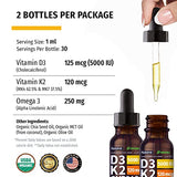 (2 Pack) Organic Vitamin D3 K2 Drops w MCT Oil Omega 3, 5000 IU, Maximum Strength Vitamin D Liquid 5000 IU, No Fillers, Non-GMO Liquid D3 for Faster Absorption & Immune Support, Unflavored, 2 Fl Oz