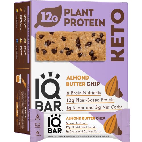 IQBAR Brain and Body Keto Protein Bars - Almond Butter Chip Keto Bars - 12-Count Energy Bars - Low Carb Protein Bars - High Fiber Vegan Bars and Low Sugar Meal Replacement Bars - Vegan Snacks