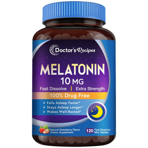 Doctor‘s Recipes Melatonin 10 mg Fast Dissolve 120 Tablets, Natural Nighttime Sleep Support, Promote Relaxation & Calmness, Non-GMO, Natural Strawberry Flavor, No Water Needed