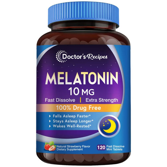 Doctor‘s Recipes Melatonin 10 mg Fast Dissolve 120 Tablets, Natural Nighttime Sleep Support, Promote Relaxation & Calmness, Non-GMO, Natural Strawberry Flavor, No Water Needed