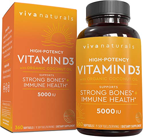 Vitamin D3 5000 IU (360 Softgels) - High Potency Vitamin D Supplements for Healthy Immune Function, Bones & Muscles, Made with Organic Coconut Oil