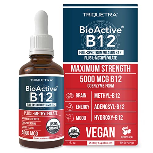 Organic Vitamin B12 - 5000 mcg, 3 BioActive B12 Forms: Methyl B12, Adenosyl B12 & Hydroxy B12 - Plus L-Methylfolate Cofactor | Sublingual Form, Cherry Flavor, Vegan, Non-GMO (60 Servings)