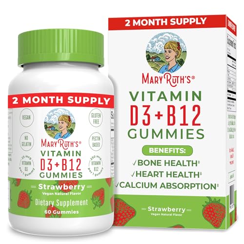 MaryRuth Organics Vitamin D3 + B12 Gummies | 2 Month Supply | Vitamin D & B12 Vitamin Supplements for Adults & Kids | Supports Bone Health | Promotes Energy Boost | Vegan | Non-GMO| 60 Servings