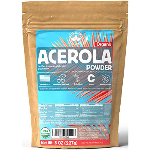 ACEROLA Powder 8oz | Certified Organic Acerola Cherry Powder | Immune System Booster | Natural Vitamin C SUPERFOOD | Blend for Shakes, Baking, Mixing Drinks, Vegan - 70 Servings