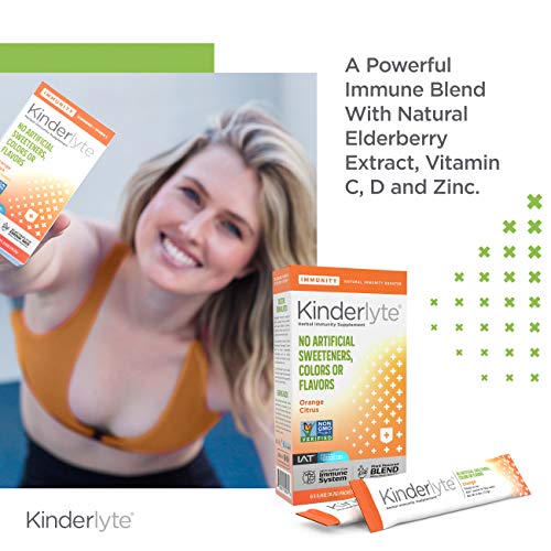 Kinderlyte Immunity: Immune Support Hydration Supplement, Plant Powered Blend, Electrolyte Drink Mix, Elderberry, Turmeric, Vitamin D3 (Orange Citrus, 6 Stick Packs)