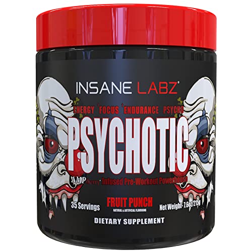 Insane Labz Psychotic, High Stimulant Pre Workout Powder, Extreme Lasting Energy, Focus and Endurance with Beta Alanine, Creatine Monohydrate DMAE, 35 Srvgs (Fruit Punch)