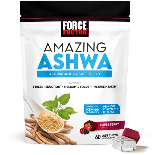 Force Factor Amazing Ashwa for Stress Relief, Memory, Focus, and Immune Support Health, Ashwaganda Supplement with KSM-66 Ashwagandha for Stress, 60 Soft Chews