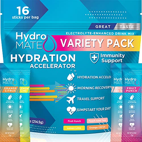 HydroMATE Electrolytes Powder Drink Mix Packets Hydration Accelerator Low Sugar Rapid Hangover Party Recovery Plus Vitamin C Variety Pack 16 Sticks