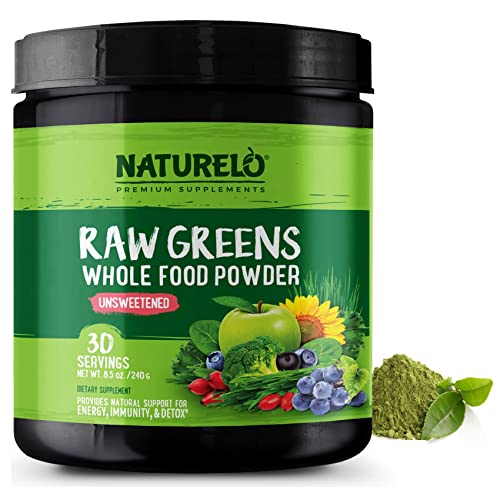 Raw Greens Superfood Powder - Unsweetened - Boost Energy, Detox, Enhance Health - Organic Spirulina - Wheat Grass - Whole Food Nutrition from Fruits and Vegetables - 30 Servings