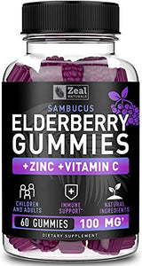100% Natural Sambucus Elderberry Gummies for Kids & Adults (60 Count | 100mg) w/ Coconut Oil, Zinc and Vitamin C - Immune System Booster for Kids & Adults - Immune Support Gummy Vitamins