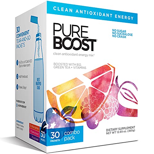 Pureboost Clean Energy Drink Mix + Immune System Support. Sugar-Free Energy with B12, Multivitamins, Antioxidants, Electrolytes (Combo Pack, 30 Stick Packs)