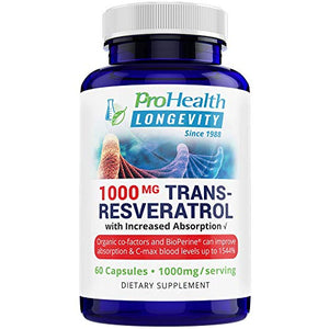 ProHealth Longevity 1000 mg Trans Resveratrol Plus 420 mg Certified Organic Polyphenol Complex That Improves Absorption up to 1544%